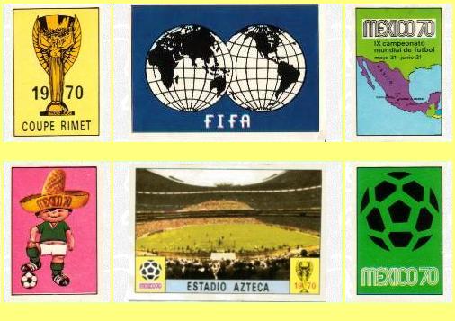 Panini stickers 1970 FIFA World Cup Mexico - JUles Rimet Trophy, FIFA logo, Mexico Map, Mexico Mascot, Aztec Stadium & Mexivo 70 logo