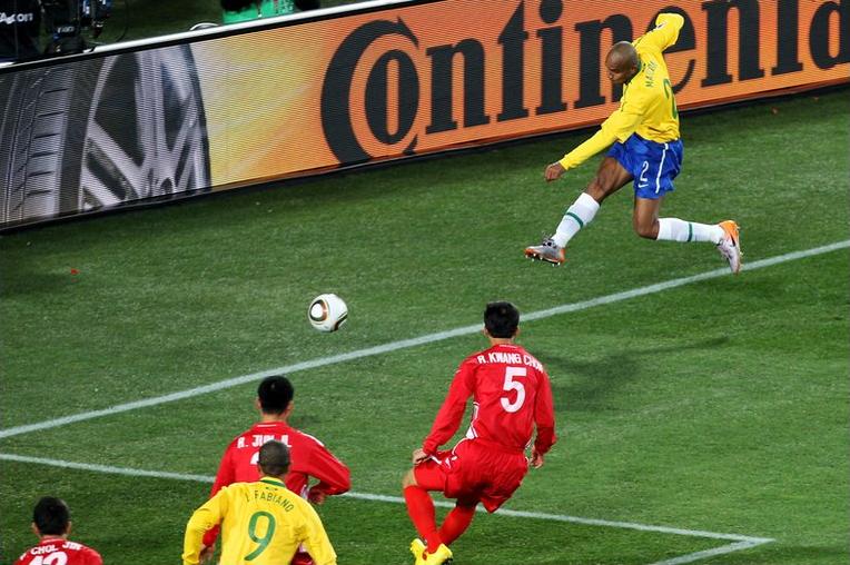 Brazil's Maicon scores against North Korea in the 2010 World Cup Finals Group Stage