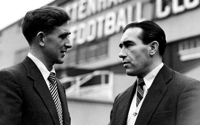 Danny Blanchflower arrives at White Hart Lane from Aston Villa and is greeted by Alf Ramsey, formerly of Southampton