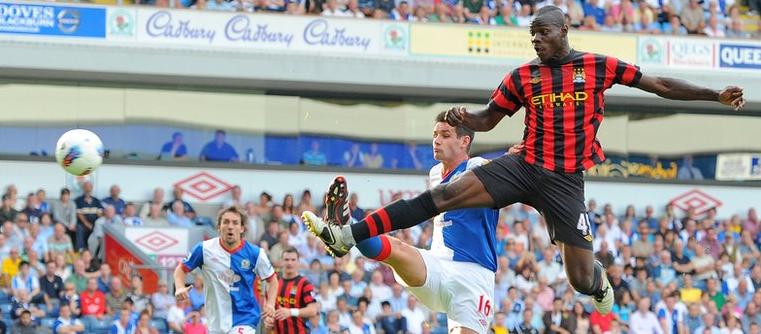 Mario Balotelli scores for Manchester City at Blackburn Rovers, October 2011