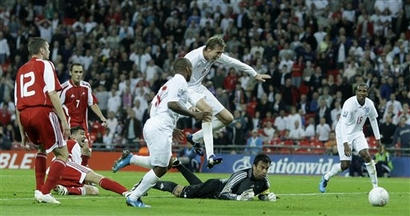 Peter Crouch scores against Andorra at Wembley
