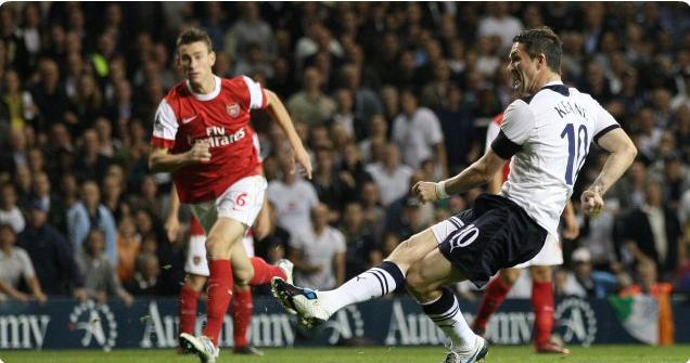 Robbie Keane scores for Tottenham Hotspur against Arsenal