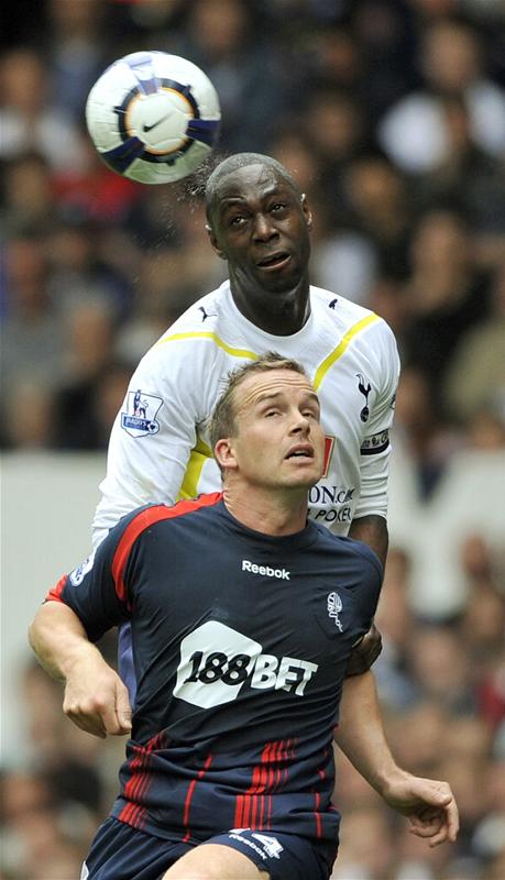 Ledley King for Spurs against Bolton's Kevin Davies