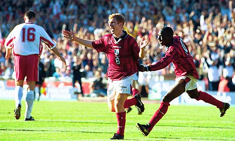 Paul Scholes scores a hat-trick for England against Poland, March 1999