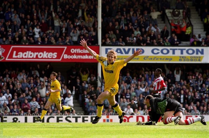 Jurgen Klinsmann scores for Spurs at Southampton